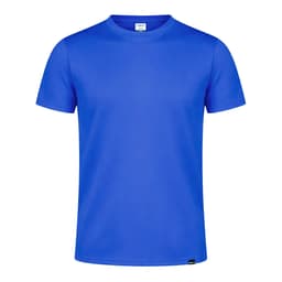A blue t-shirt with a round neck and short sleeves, featuring a logo on the side.