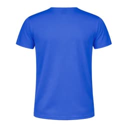 A blue t-shirt featuring a crew neck and short sleeves, displayed from the back. It has a logo on the upper back.