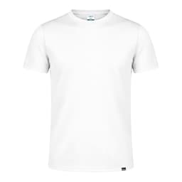 A plain white t-shirt with a round neck and short sleeves. It features a subtle logo at the hem.