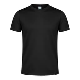 A black t-shirt displayed front view, featuring a logo at the hem. Suitable for casual wear.