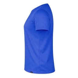 A side view of a bright blue T-shirt with short sleeves and a logo on the hem.
