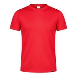 A red t-shirt with short sleeves and a simple design. It features a logo on the tag area.