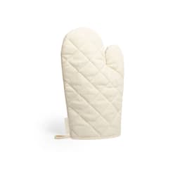 A cream-coloured oven mitt with a quilted design and a hanging loop for easy storage. It features a logo on one side.