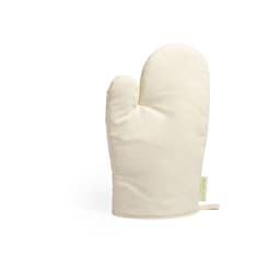 A cream-coloured oven mitt with a textured surface and a hanging loop, featuring a small brand label.