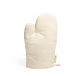 A cream cotton oven mitt with a textured surface and a loop for hanging. It features a logo on the side.