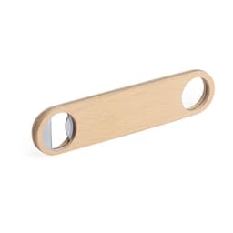 A drink bottle opener in a light wood finish, featuring two circular holes and a metal bottle cap remover.