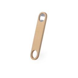 A drink bottle opener made of light wood with a metallic opening feature and a circular hole at one end.