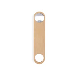 A drink bottle opener in a natural wood finish with a circular handle and a stainless steel opening. It features a logo.