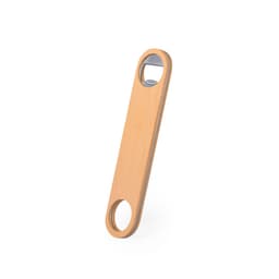 A drink bottle opener featuring a sleek wooden design with a metallic opening mechanism. It includes a logo.