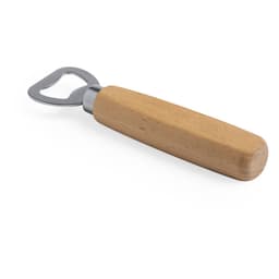 A drink bottle opener with a stainless steel head and a light wooden handle, featuring a simple design and a logo.