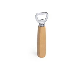 A drink bottle opener with a silver metal top and a natural wooden handle, featuring a branding logo.