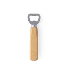 A drink bottle opener with a stainless steel top and a light wooden handle, featuring a logo.
