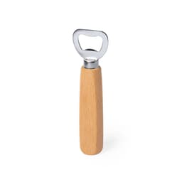 A drink bottle opener featuring a silver metal top and a light wooden handle. It includes a logo on the handle.