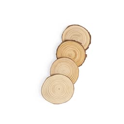 A set of four round timber coasters displaying natural wood grain patterns and varying shades of light to dark brown.
