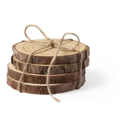 A stack of wooden coasters tied together with natural twine, displaying rustic patterns and textures.