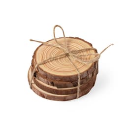 A set of wooden coasters tied with twine, featuring natural wood grain and rounded edges.