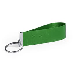 A green keyring made of woven fabric with a metal ring for holding keys. It features a sleek, modern design.
