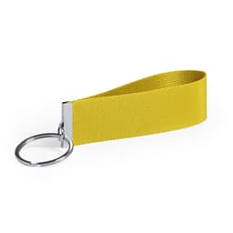 A yellow keyring with a textured strap and a silver metal ring.