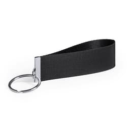 A black keyring with a textured strap and a metal ring, featuring a small branding logo.