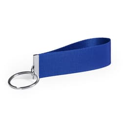 A blue fabric keyring with a silver metal keyring attachment.
