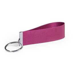 A purple keyring with a textured strap and a metal key ring attachment.