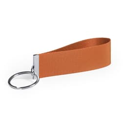 An orange keyring made of textured material featuring a metal keyring attachment.