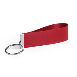A red keyring made of woven material, featuring a metal ring for attaching keys.