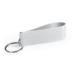 A metallic silver keyring with a textured, wide strap and a circular keyring attachment.