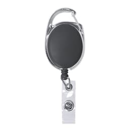 A badge reel featuring a polished silver clip with a black circular casing and a retractable cord.