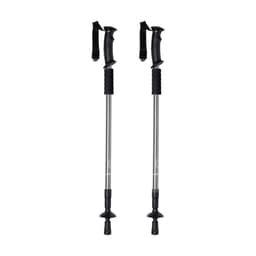 A pair of trekking poles with black grips and adjustable silver shafts, featuring rubber tips.