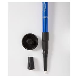 A blue fishing rod with two detachable components, including a cap and a handle attachment, displayed against a light background.