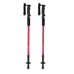 A pair of red trekking poles with black grips and straps. The poles feature rubber tips for stability.