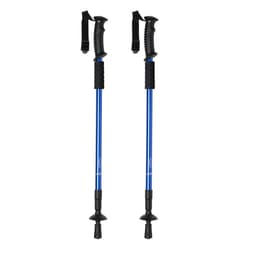 A pair of blue trekking poles with black grips and adjustable straps for outdoor activities.