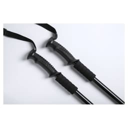 A pair of black trekking poles with rubber grips and adjustable straps. Both poles feature textured handles for better grip.