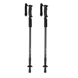 Two black trekking poles with adjustable length and rubber tips, featuring ergonomic grips and straps.