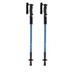 A pair of blue trekking poles with black grips and straps, designed for outdoor activities.