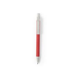 A red pen with a silver cap and a textured grey section, featuring a logo on the barrel.