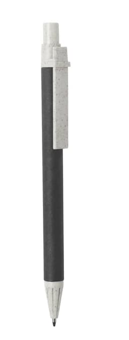 A black pen with a white cap and clip, featuring a plain body design and a branding logo.