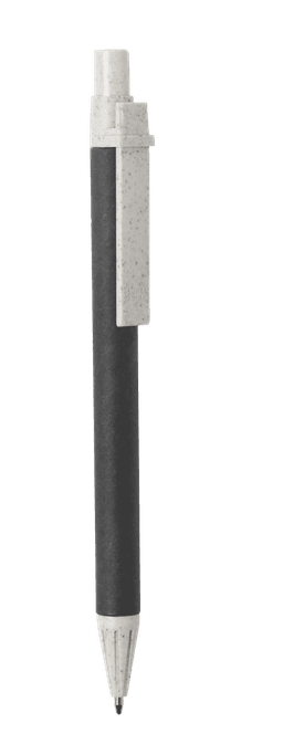 A black pen with a silver clip and a textured grip, featuring a logo on the clip.