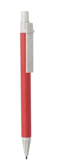 A red pen with a grey clip and barrel, featuring a logo. The design is simple and sleek.
