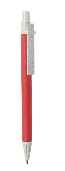 A red pen with a grey clip and tip. The pen features a smooth, streamlined design and includes a logo.