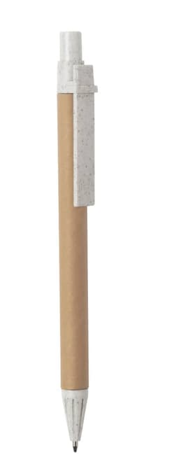 A writing pen with a natural brown body and a white clip, featuring a logo on the clip.