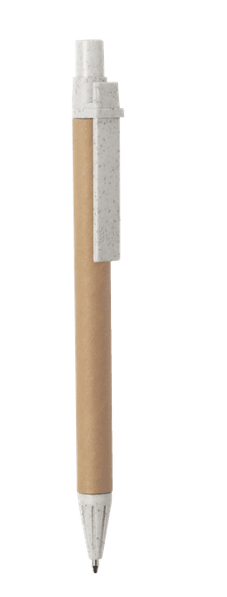 A pen with a brown barrel and a grey clip, featuring a minimalist design and a branding logo.
