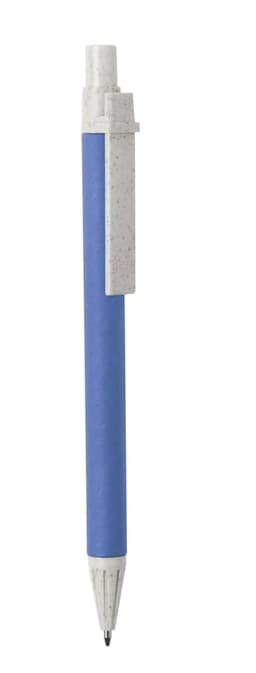 A blue pen with a grey barrel and a clip, featuring a logo on the side.
