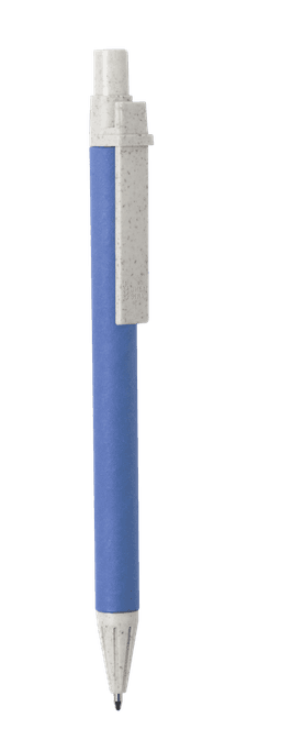 A blue pen with a light grey clip and tip, featuring a logo on the barrel.