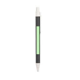 A pen with a black body and a green accent, featuring a clip and a silver tip. It has a logo.