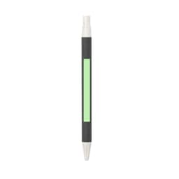 A black pen with a clear top and a green section, featuring a logo on the body.
