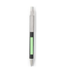 A black and grey pen with a green section and a logo. It features a retractable design.