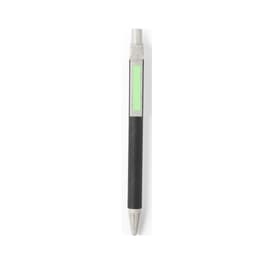 A black pen with a silver tip and a green accent. It features a logo on the body.