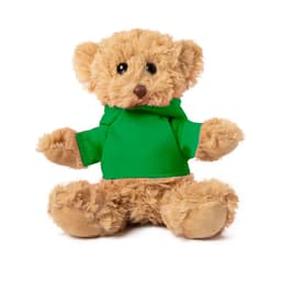 A plush toy bear with a light brown fur and a green hoodie, featuring a cute expression and soft texture.